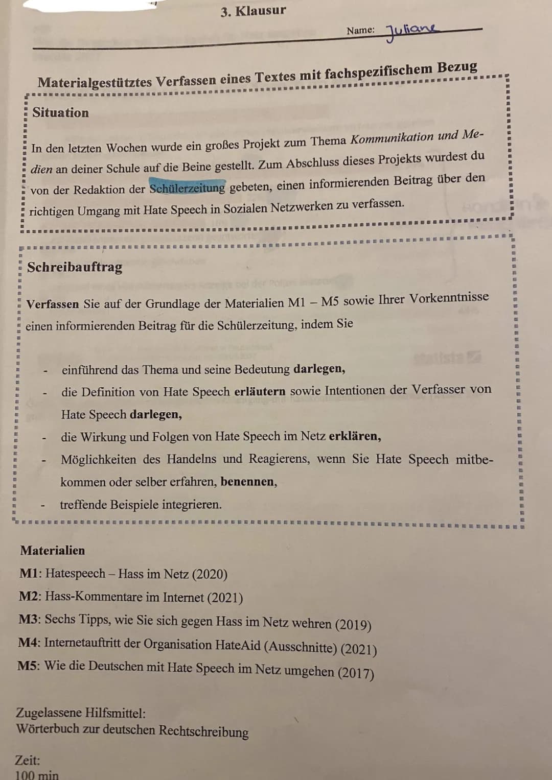 Materialgestütztes Schreiben Klausur Gk deutsch