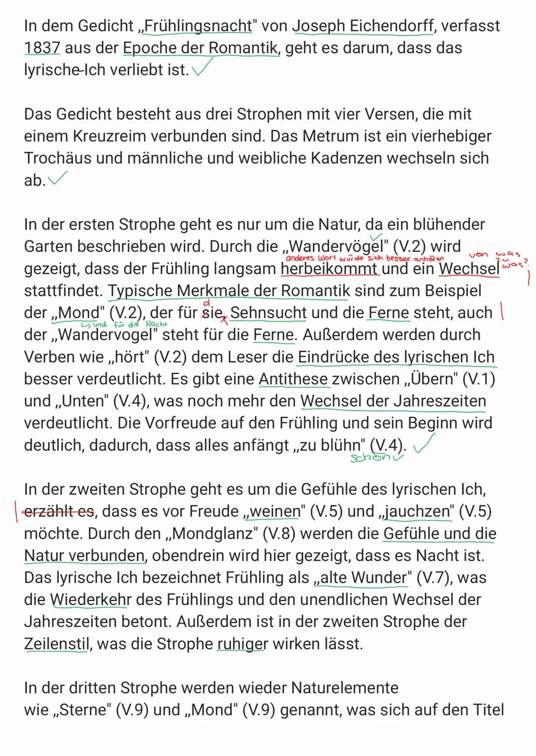 Aufgabe
Interpretieren Sie das Gedicht ,,Frühlingsnacht" von Joseph
von Eichendorff und ordnen Sie es begründet der Epoche
der Romantik zu.

