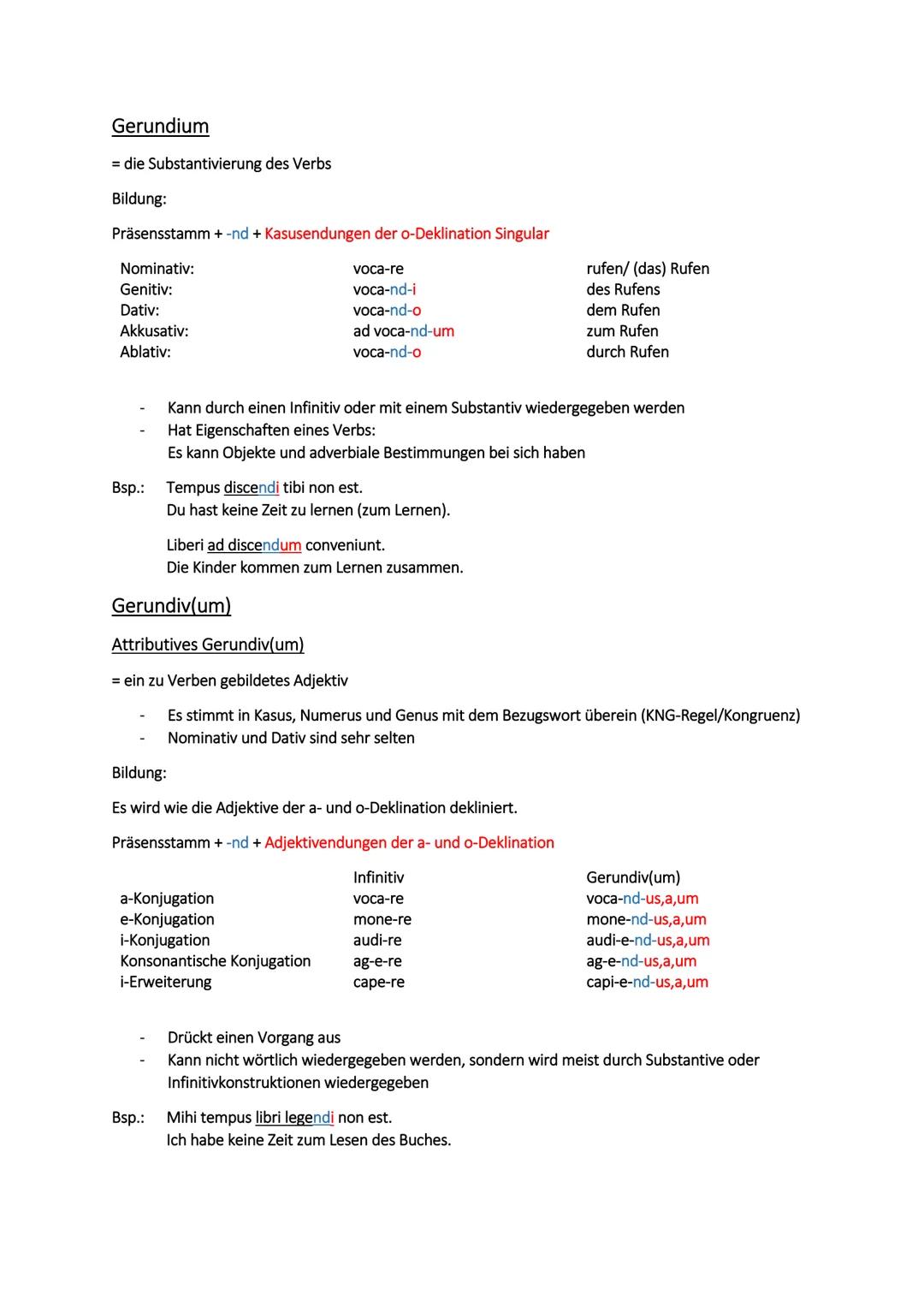 Gerundium
= die Substantivierung des Verbs
Bildung:
Präsensstamm + -nd + Kasusendungen der o-Deklination Singular
Nominativ:
Genitiv:
Dativ: