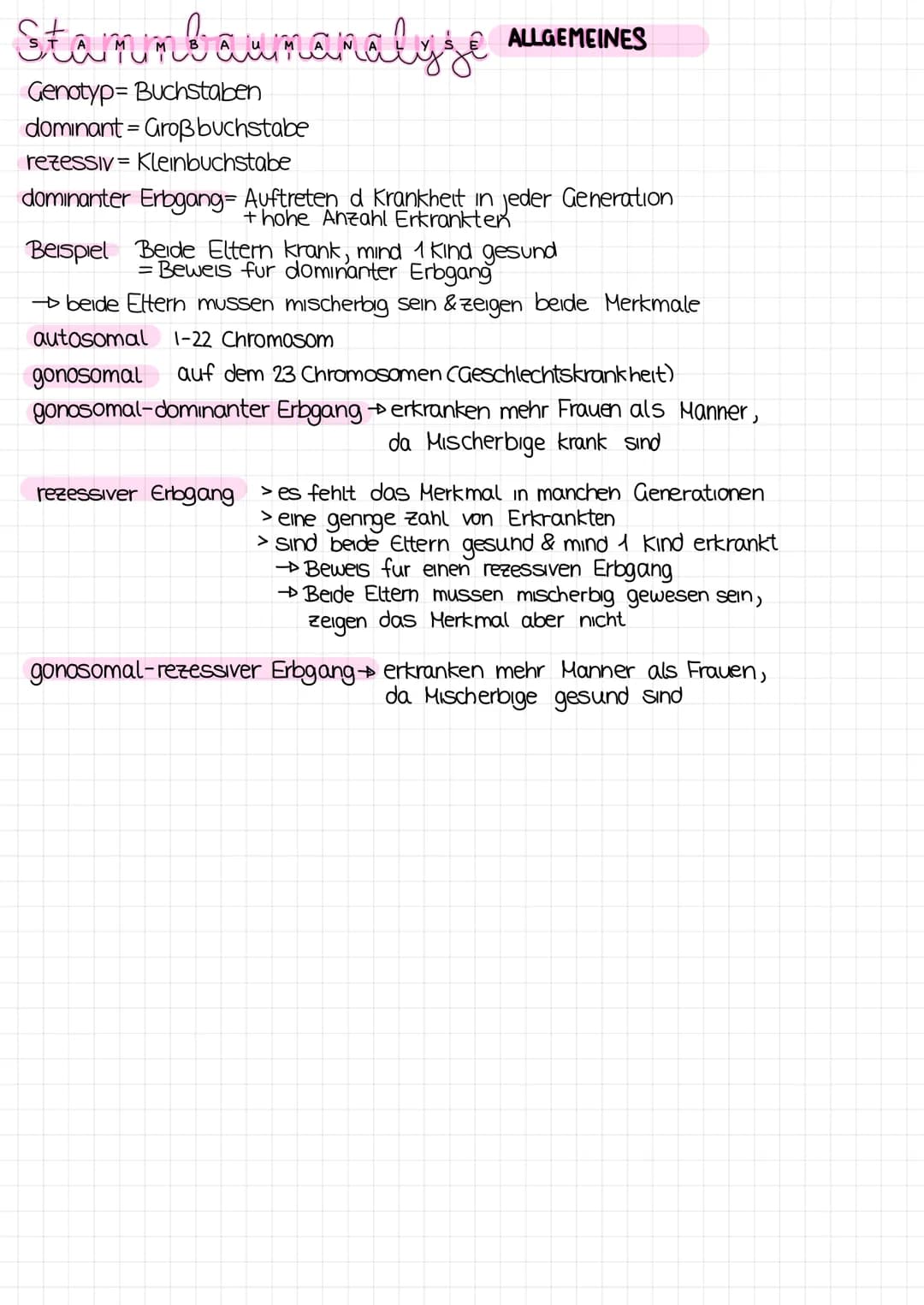 Stammbaumanalyse ALLGEMEINES
Genotyp-Buchstaben
dominant - Großbuchstabe
rezessiv=Kleinbuchstabe
dominanter Erbgang= Auftreten d Krankheit i