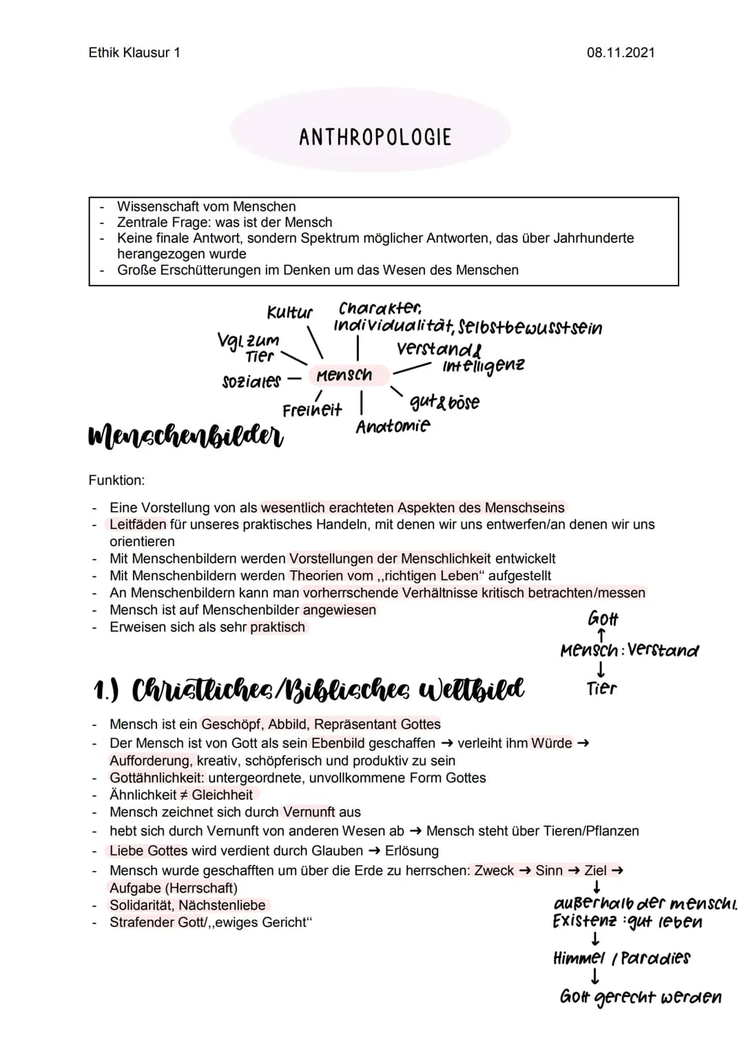 Ethik Klausur 1
ANTHROPOLOGIE
Wissenschaft vom Menschen
Zentrale Frage: was ist der Mensch
Keine finale Antwort, sondern Spektrum möglicher 