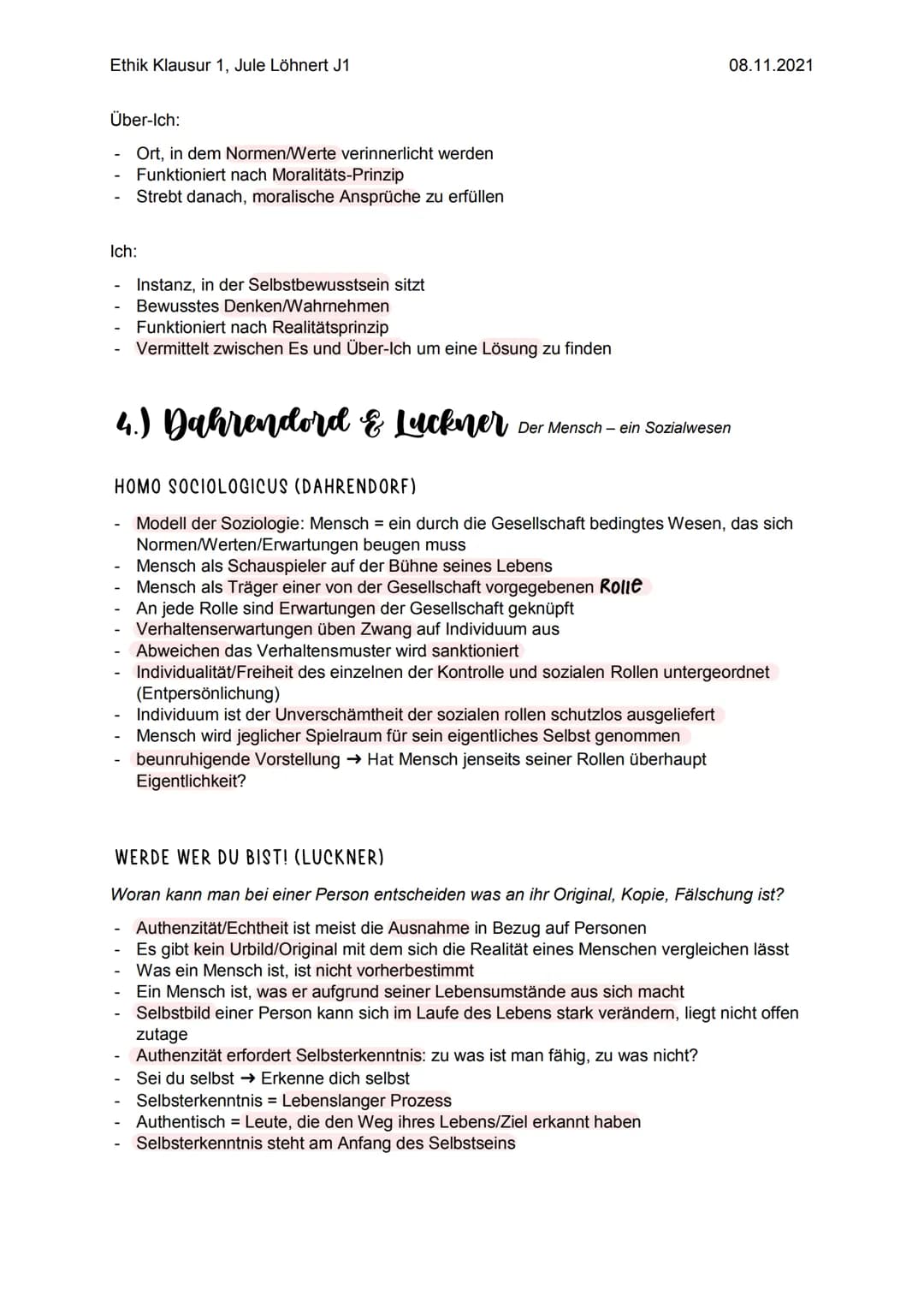 Ethik Klausur 1
ANTHROPOLOGIE
Wissenschaft vom Menschen
Zentrale Frage: was ist der Mensch
Keine finale Antwort, sondern Spektrum möglicher 