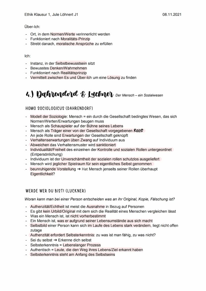 Ethik Klausur 1
ANTHROPOLOGIE
Wissenschaft vom Menschen
Zentrale Frage: was ist der Mensch
Keine finale Antwort, sondern Spektrum möglicher 