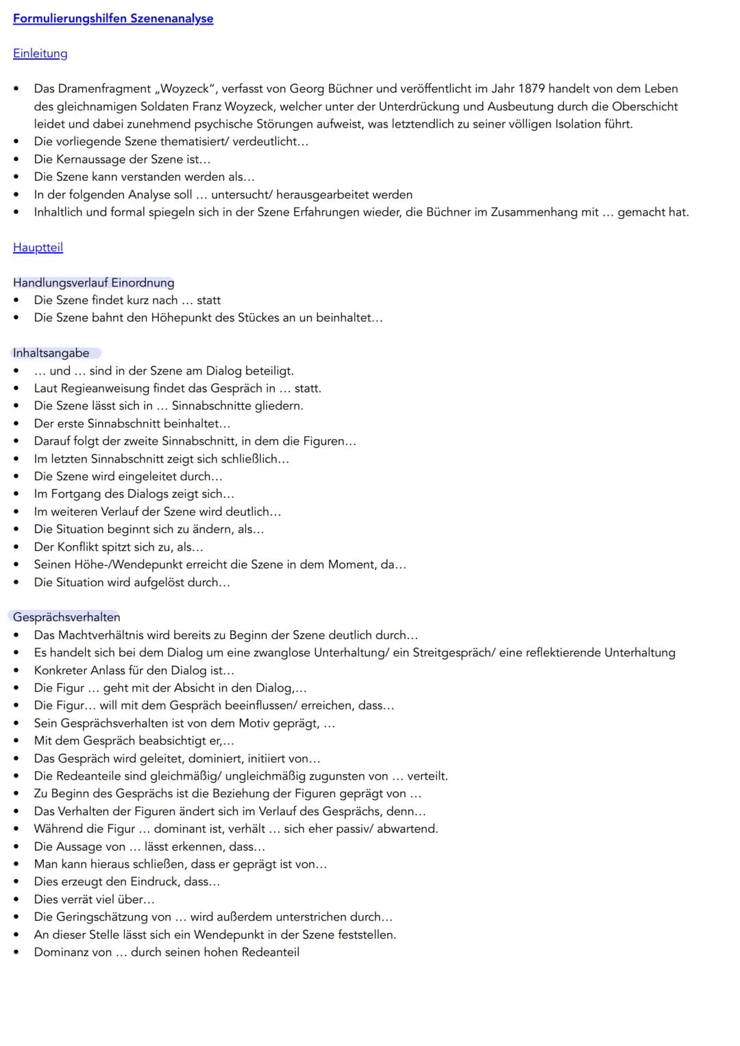 Formulierungshilfen Szenenanalyse
Einleitung
●
In der folgenden Analyse soll ... untersucht/ herausgearbeitet werden
• Inhaltlich und formal