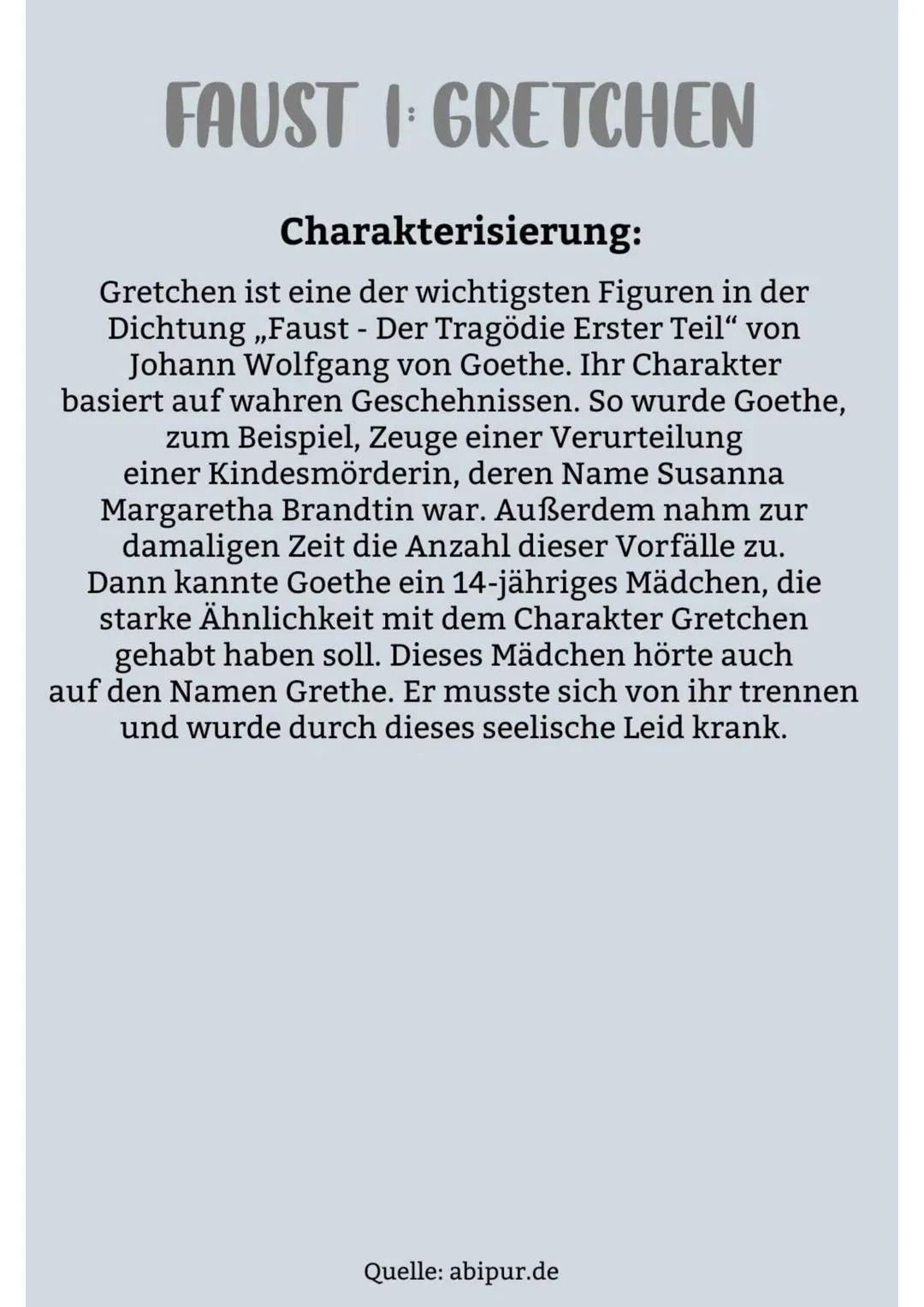 FAUSTI GRETCHEN
Charakterisierung:
Gretchen ist eine der wichtigsten Figuren in der
Dichtung ,,Faust - Der Tragödie Erster Teil" von
Johann 