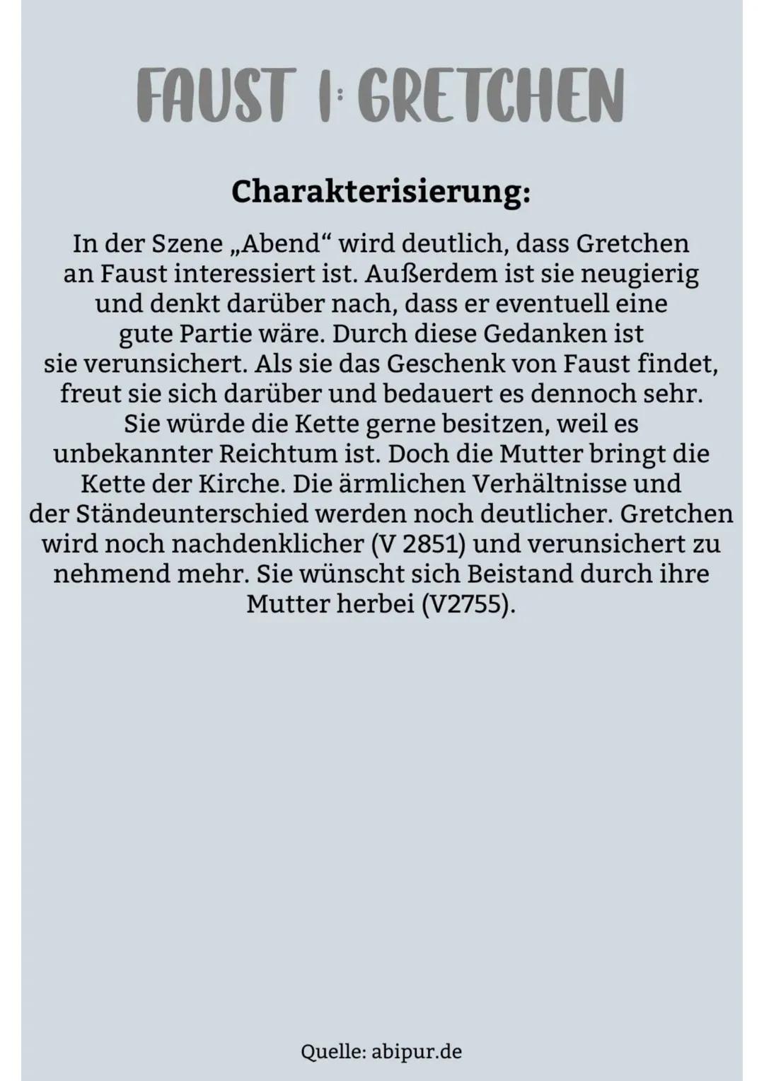 FAUSTI GRETCHEN
Charakterisierung:
Gretchen ist eine der wichtigsten Figuren in der
Dichtung ,,Faust - Der Tragödie Erster Teil" von
Johann 