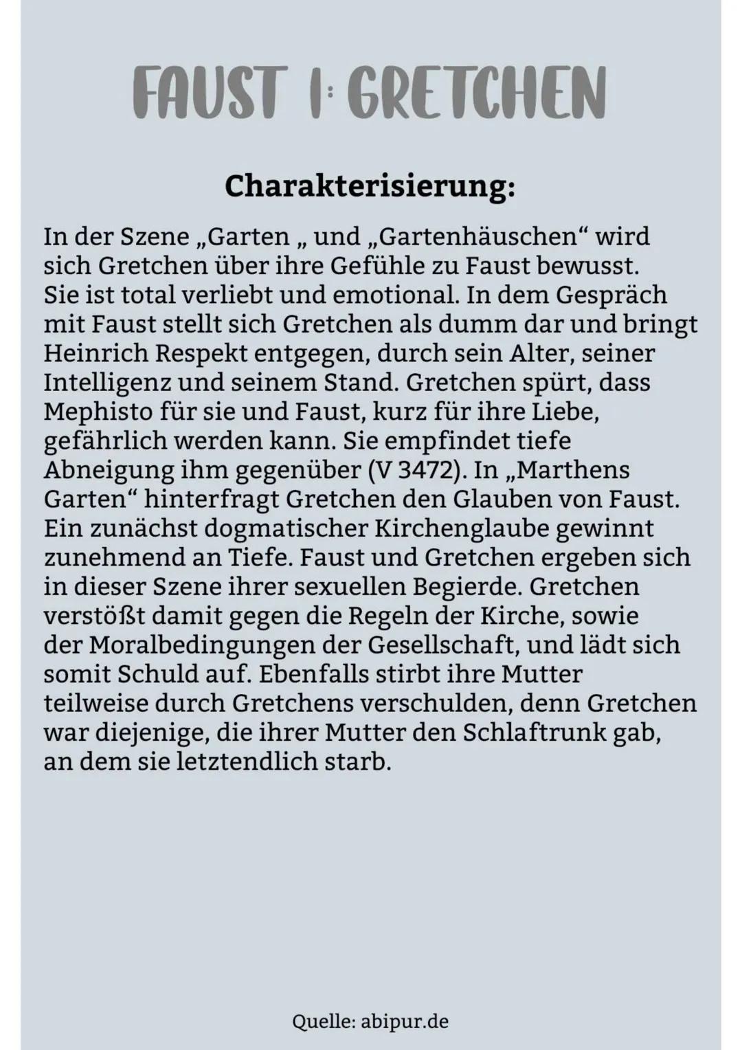 FAUSTI GRETCHEN
Charakterisierung:
Gretchen ist eine der wichtigsten Figuren in der
Dichtung ,,Faust - Der Tragödie Erster Teil" von
Johann 