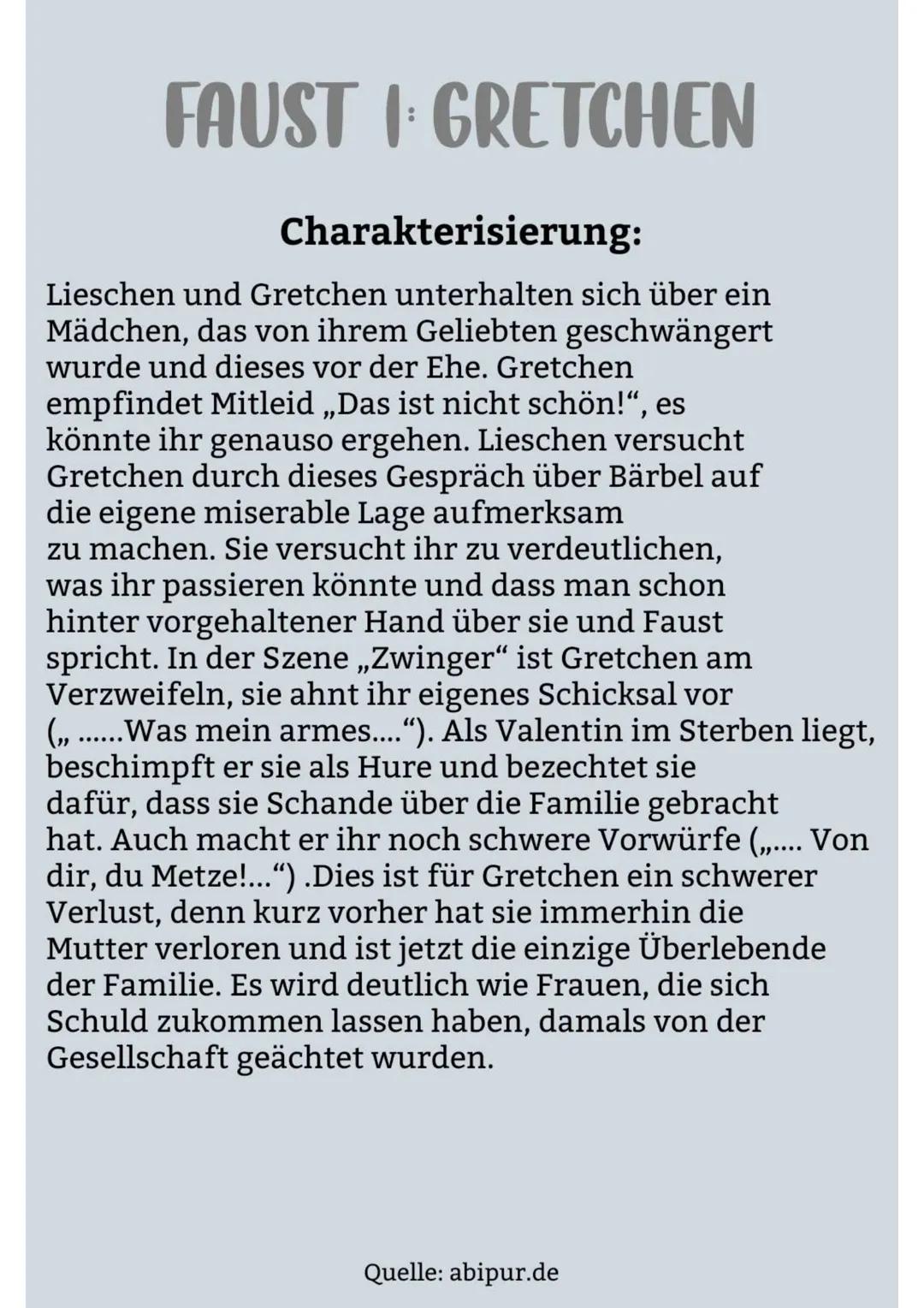 FAUSTI GRETCHEN
Charakterisierung:
Gretchen ist eine der wichtigsten Figuren in der
Dichtung ,,Faust - Der Tragödie Erster Teil" von
Johann 