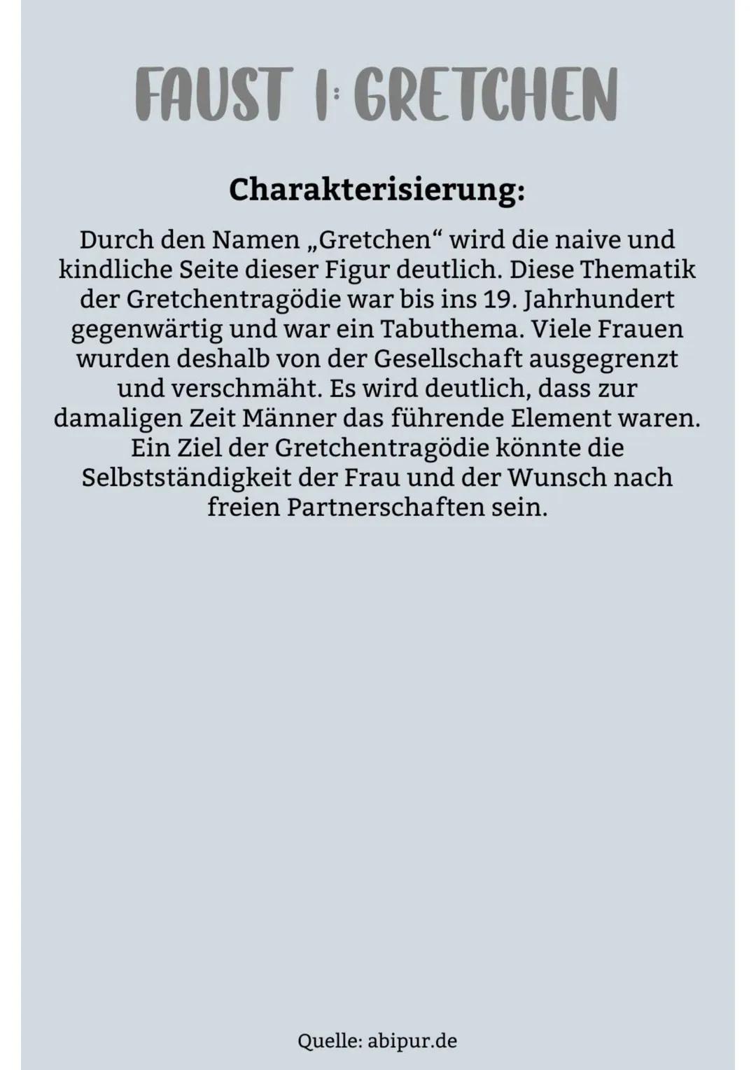 FAUSTI GRETCHEN
Charakterisierung:
Gretchen ist eine der wichtigsten Figuren in der
Dichtung ,,Faust - Der Tragödie Erster Teil" von
Johann 