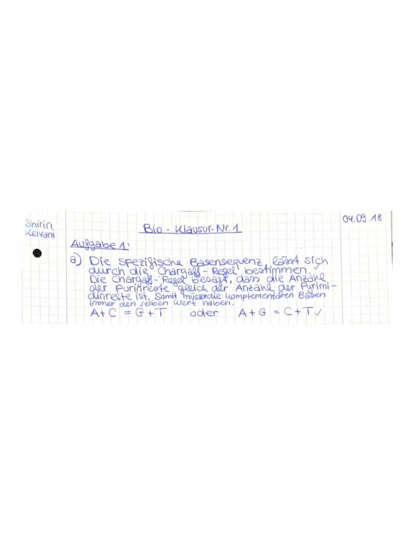 Aufgabe 1:
(Markl Biologie-Lehrerbuch Oberstufe - Klausur Genetik, S.108-109)
✓a) Seit 1947 weiß man, dass die Basenzusammensetzung der DNA 