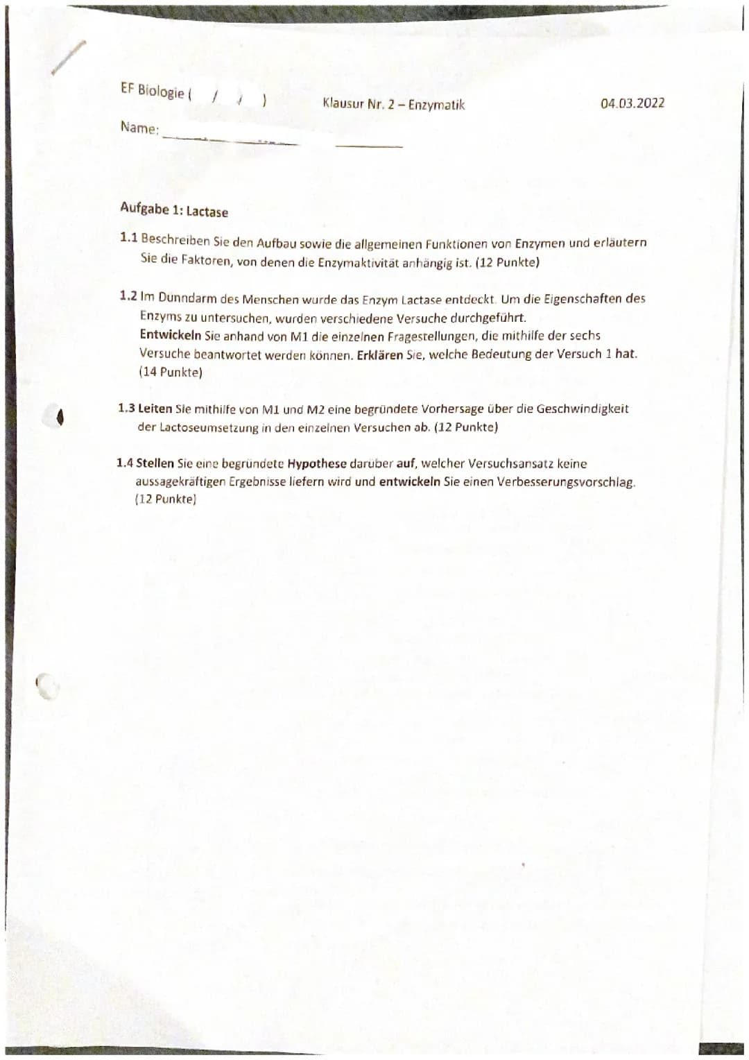 Enzymatik Klausur EF Biologie