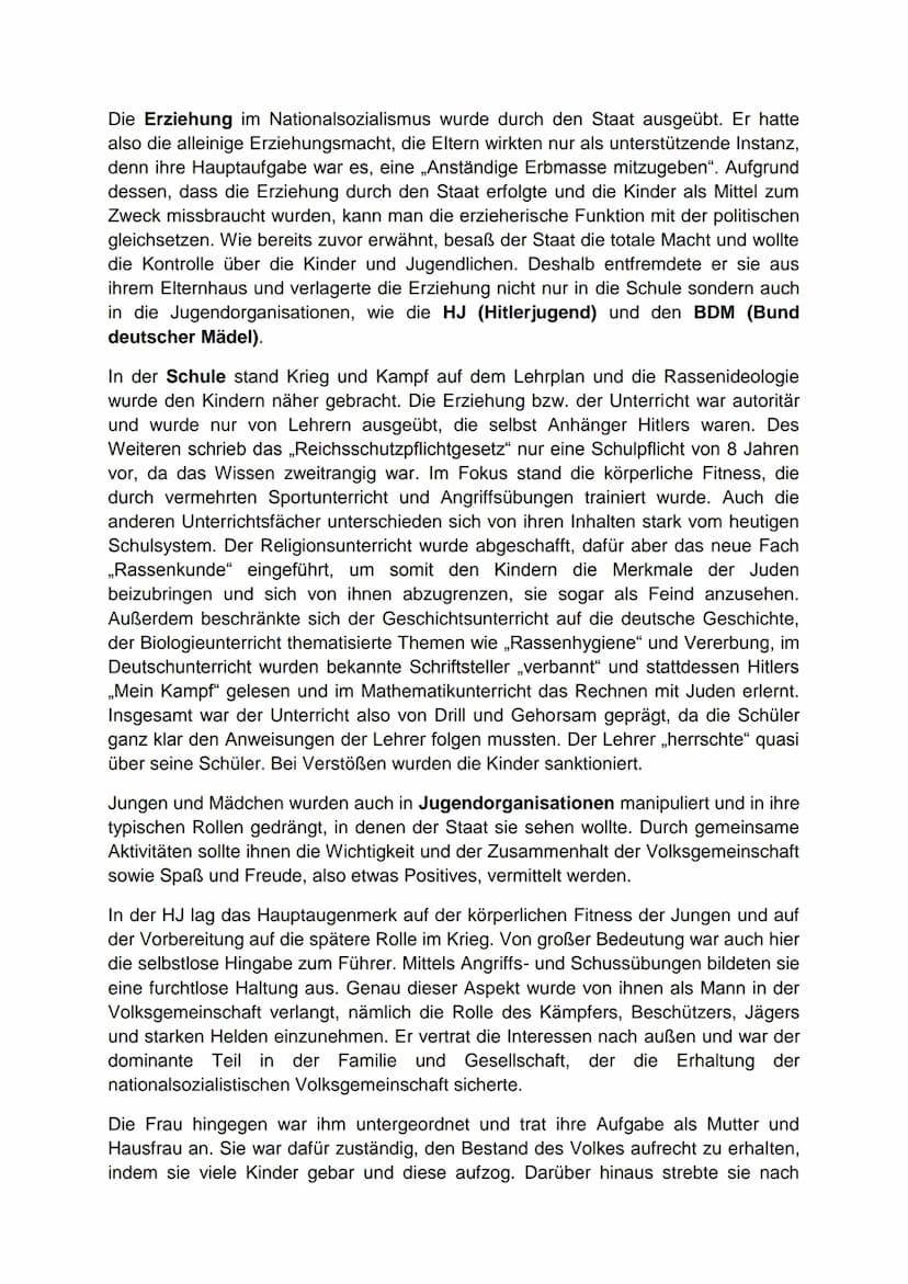 Erziehung im Nationalsozialismus
Die Erziehung im Nationalsozialismus war von einer Diktatur Hitlers bzw. der NSDAP
geprägt.
Die drei Grundb