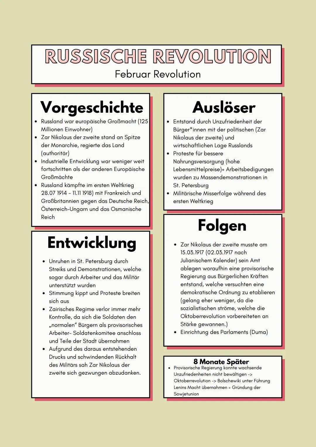 RUSSISCHE REVOLUTION
Vorgeschichte
• Russland war europäische Großmacht (125
Millionen Einwohner)
• Zar Nikolaus der zweite stand an Spitze
