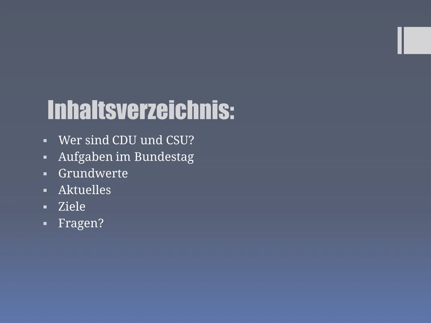 Präsentation über
CDU/CSU
Hrisiyana, Samerah, Hadil, Cosmina, Noor, Nada ■
■
■
■
■
Inhaltsverzeichnis:
Wer sind CDU und CSU?
Aufgaben im Bun