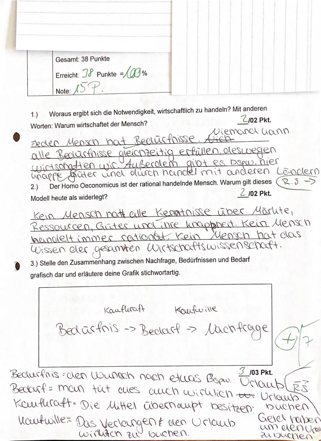 Gesamt: 38 Punkte
Erreicht: 38 Punkte =100%
5P.
Note:
1.)
Woraus ergibt sich die Notwendigkeit, wirtschaftlich zu handeln? Mit anderen
Worte