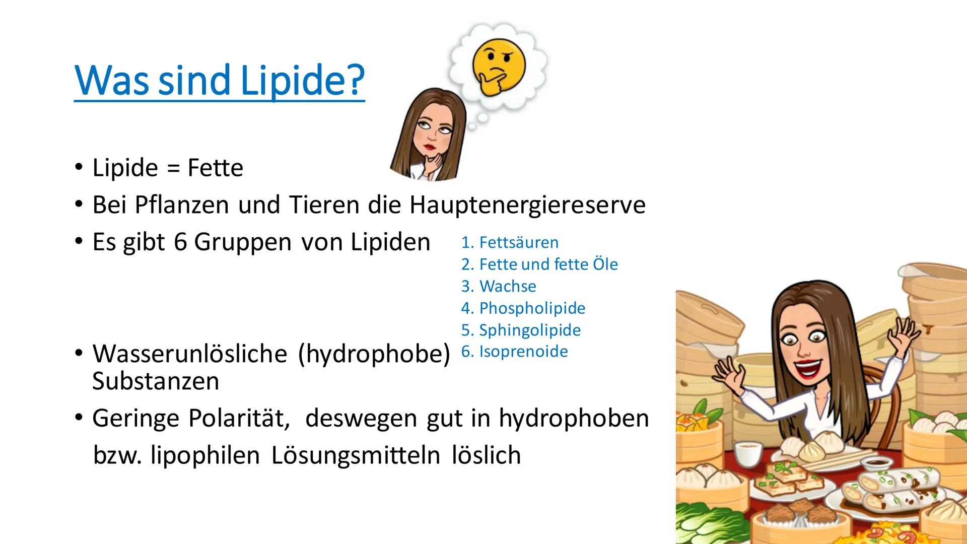 Lipide
81
^ Inhaltsverzeichnis
• Was sind Lipide?
• Wie sind Lipide aufgebaut?
●
Gesättigte - ungesättigte
Fettsäuren?
• Welche Funktionen h