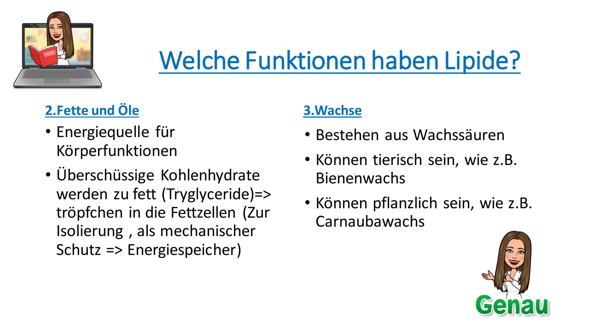 Lipide
81
^ Inhaltsverzeichnis
• Was sind Lipide?
• Wie sind Lipide aufgebaut?
●
Gesättigte - ungesättigte
Fettsäuren?
• Welche Funktionen h
