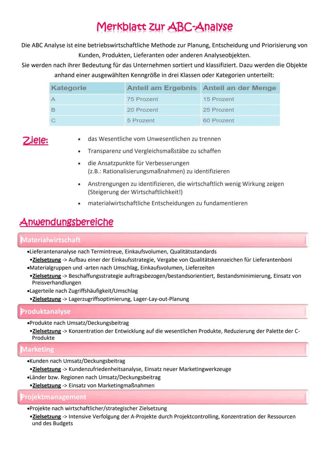 Merkblatt zur ABC-Analyse
Die ABC Analyse ist eine betriebswirtschaftliche Methode zur Planung, Entscheidung und Priorisierung von
Kunden, P
