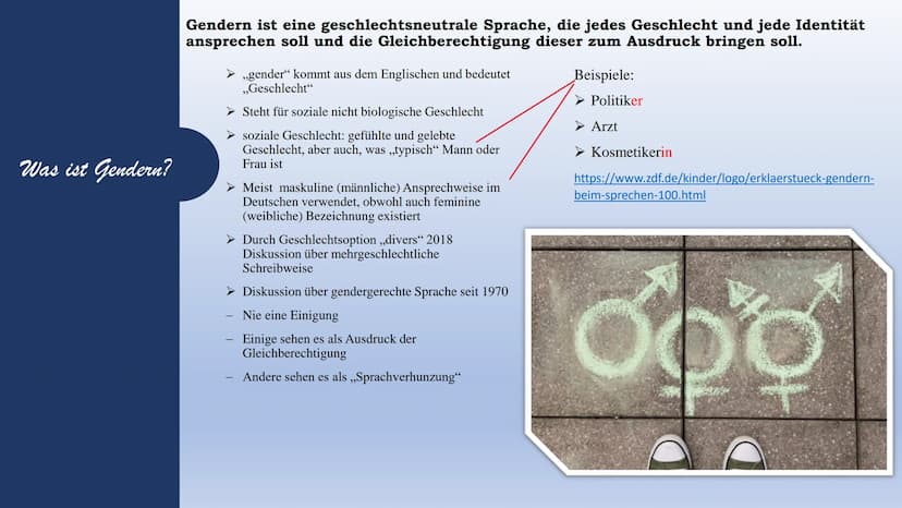 Gendern
Was ist das eigentlich?
Gemütsleiden
Gemüts/ver/fas-
ts/zu/stand
griech.) (Tr
enosse,
aft
Richtu
en Hin
dịch.
ande)) Gen/da
altet Po