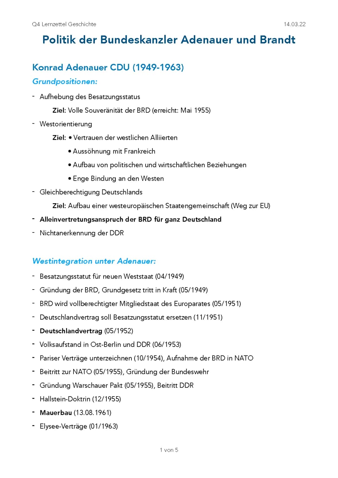 Q4 Geschichte Politik der Bundeskanzler Adenauer und Brandt