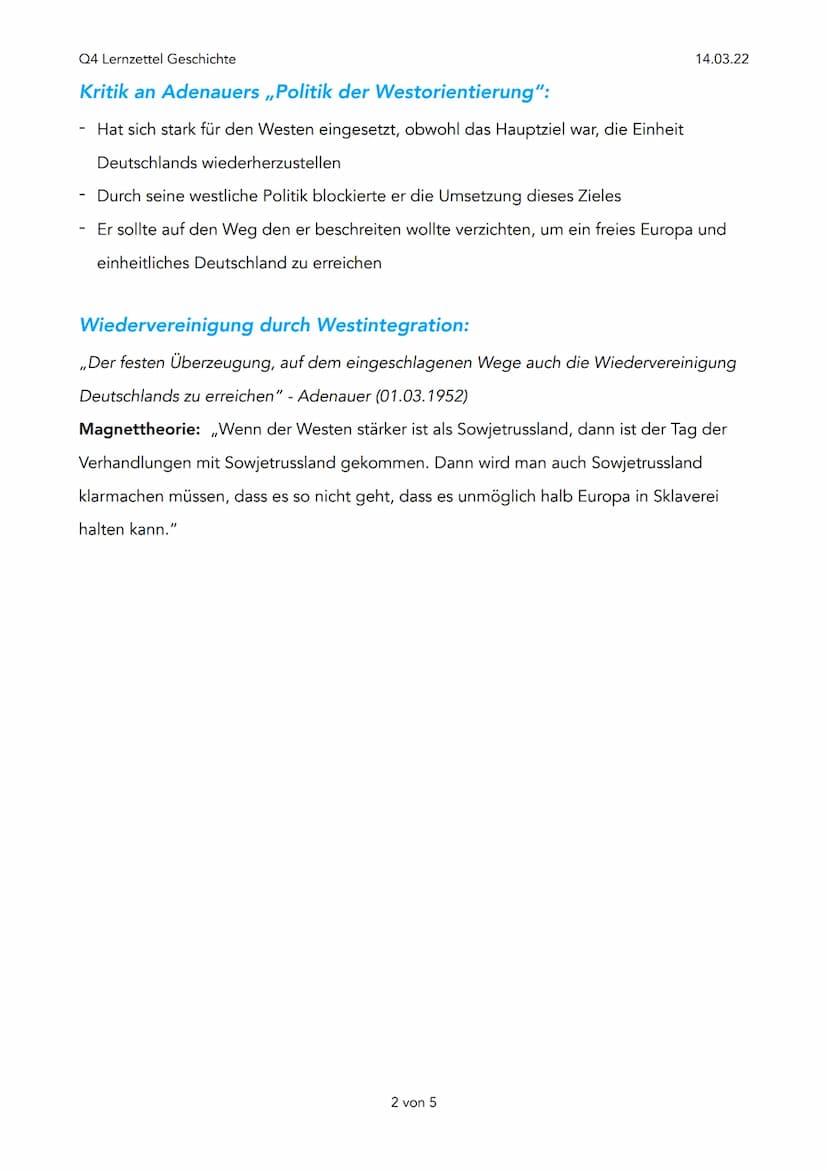 Q4 Lernzettel Geschichte
Konrad Adenauer CDU (1949-1963)
Grundpositionen:
- Aufhebung des Besatzungsstatus
-
Politik der Bundeskanzler Adena