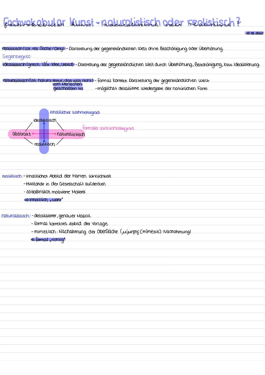 Fachvokabular kunst- naturalistisch oder realistisch?
realistisch (lat. res: Sache/Ding):-Darstellung der gegenständlichen Welt ohne Beschän