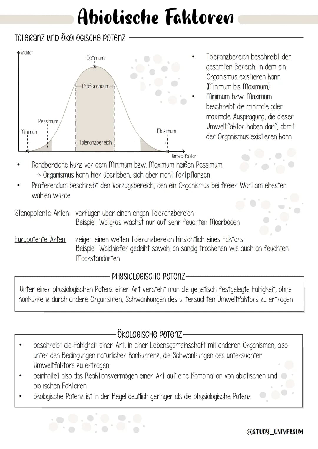 TOLERANZ UND ÖKOLOGISCHE POTENZ
Vitalitat
Minimum
I
Pessimum
I
Abiotische Faktoren
1
Optimum
Präferendum
+Toleranzbereich
1
Maximum
Toleranz