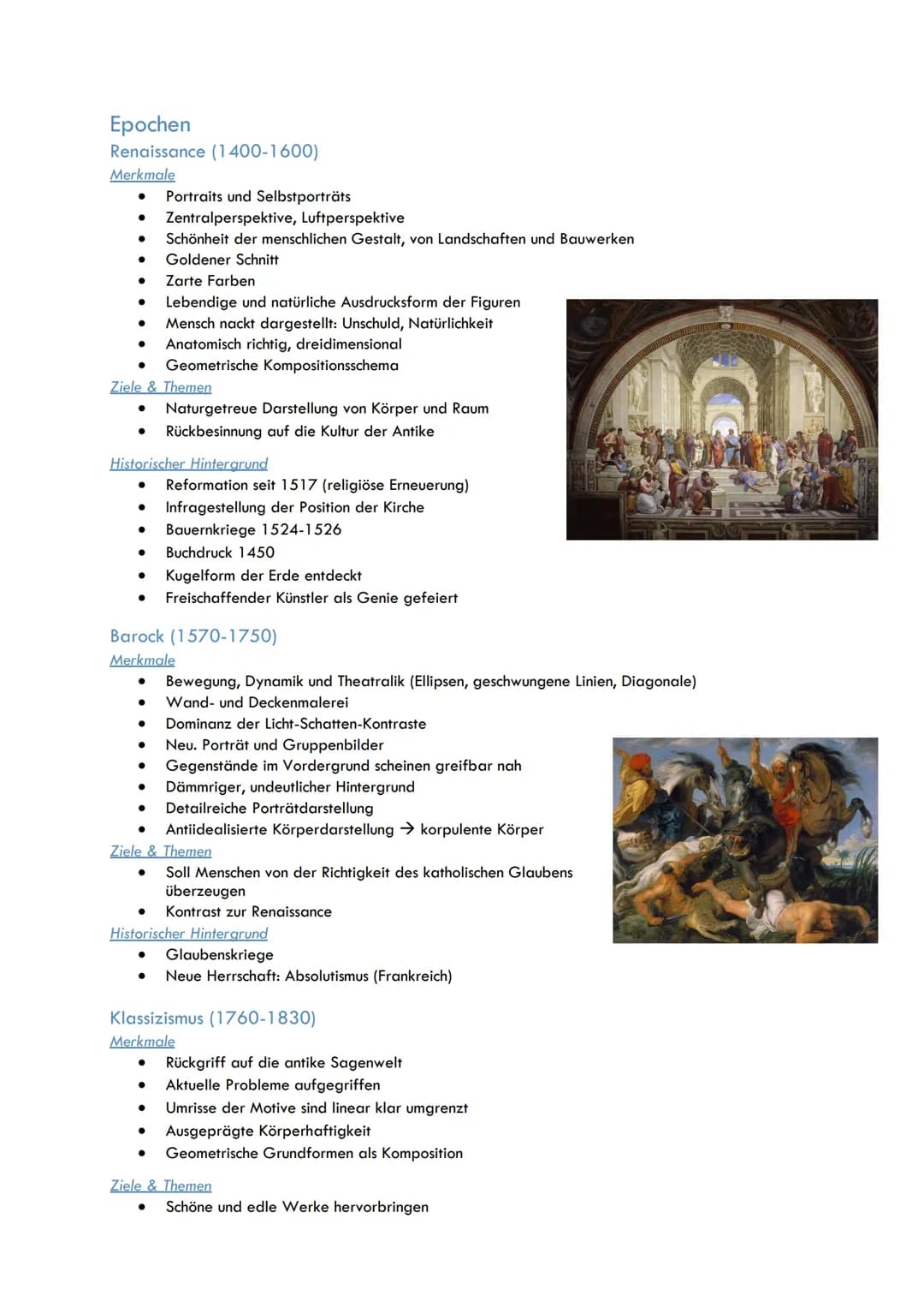 Kunst Q1
Epochen
Renaissance (1400-1600),
Barock (1570-1750)
Klassizismus (1760-1830)
Romantik (1800-1840)
Realismus (1830-1880)
Impressioni