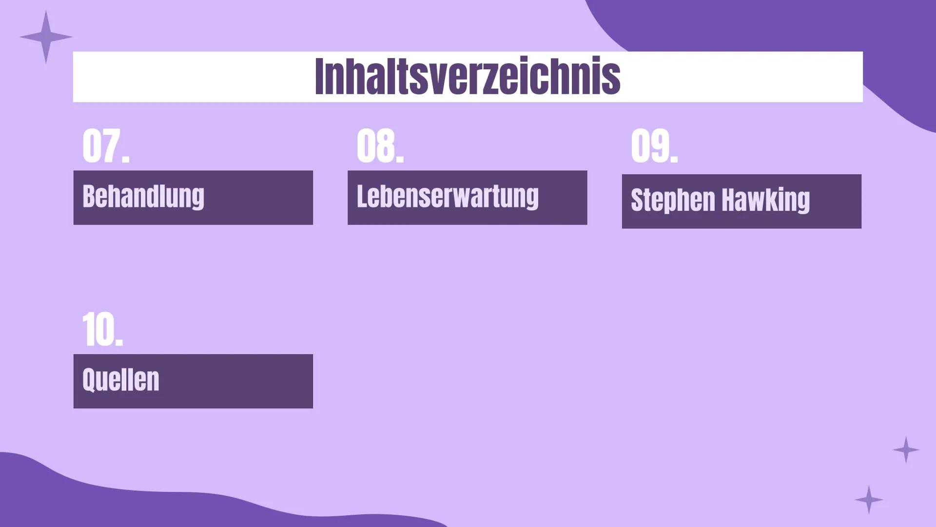 +
Amyotrophe
Lateralsklerose
(ALS)
Präsentation von Sara und Evin 01.
Definition
04.
Verlaufsformen
Inhaltsverzeichnis
02.
Verbreitung
05.
S