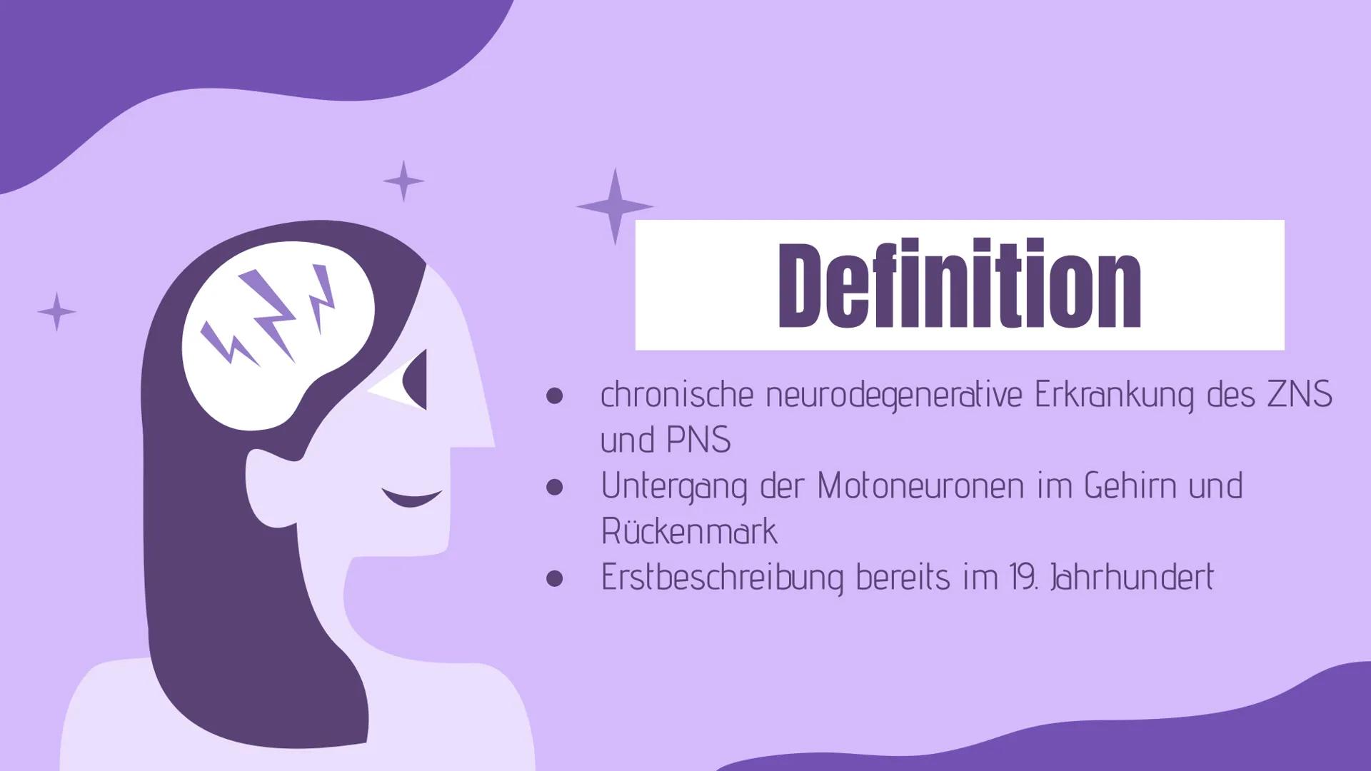 +
Amyotrophe
Lateralsklerose
(ALS)
Präsentation von Sara und Evin 01.
Definition
04.
Verlaufsformen
Inhaltsverzeichnis
02.
Verbreitung
05.
S