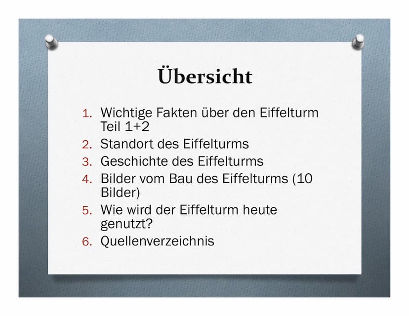 Der Eiffelturm
Das Wahrzeichen von Paris Übersicht
1. Wichtige Fakten über den Eiffelturm
Teil 1+2
2. Standort des Eiffelturms
3. Geschichte