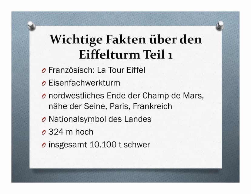 Der Eiffelturm
Das Wahrzeichen von Paris Übersicht
1. Wichtige Fakten über den Eiffelturm
Teil 1+2
2. Standort des Eiffelturms
3. Geschichte