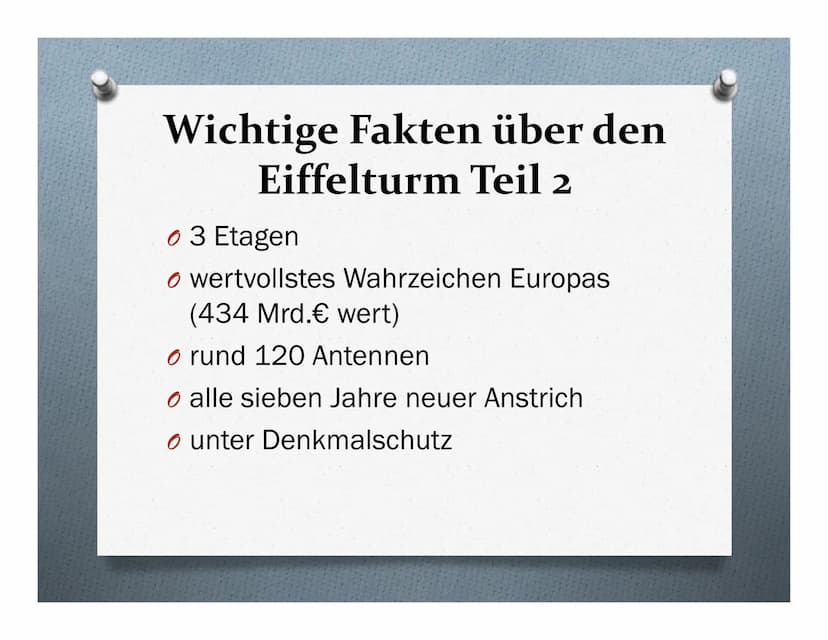Der Eiffelturm
Das Wahrzeichen von Paris Übersicht
1. Wichtige Fakten über den Eiffelturm
Teil 1+2
2. Standort des Eiffelturms
3. Geschichte