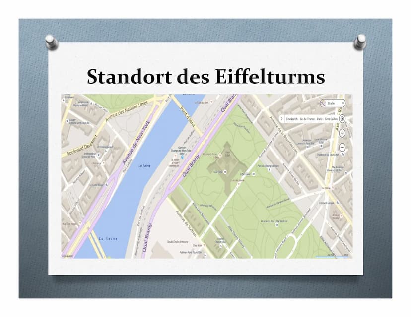 Der Eiffelturm
Das Wahrzeichen von Paris Übersicht
1. Wichtige Fakten über den Eiffelturm
Teil 1+2
2. Standort des Eiffelturms
3. Geschichte