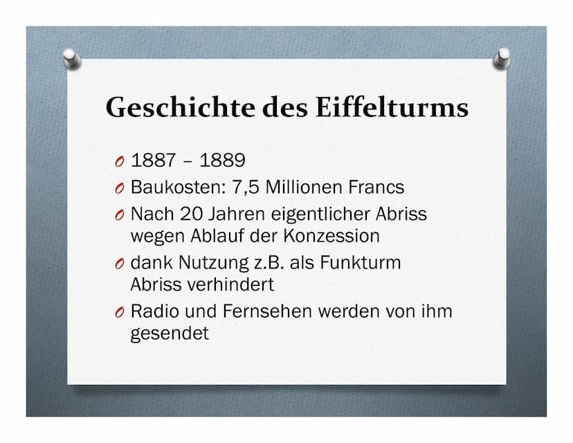 Der Eiffelturm
Das Wahrzeichen von Paris Übersicht
1. Wichtige Fakten über den Eiffelturm
Teil 1+2
2. Standort des Eiffelturms
3. Geschichte