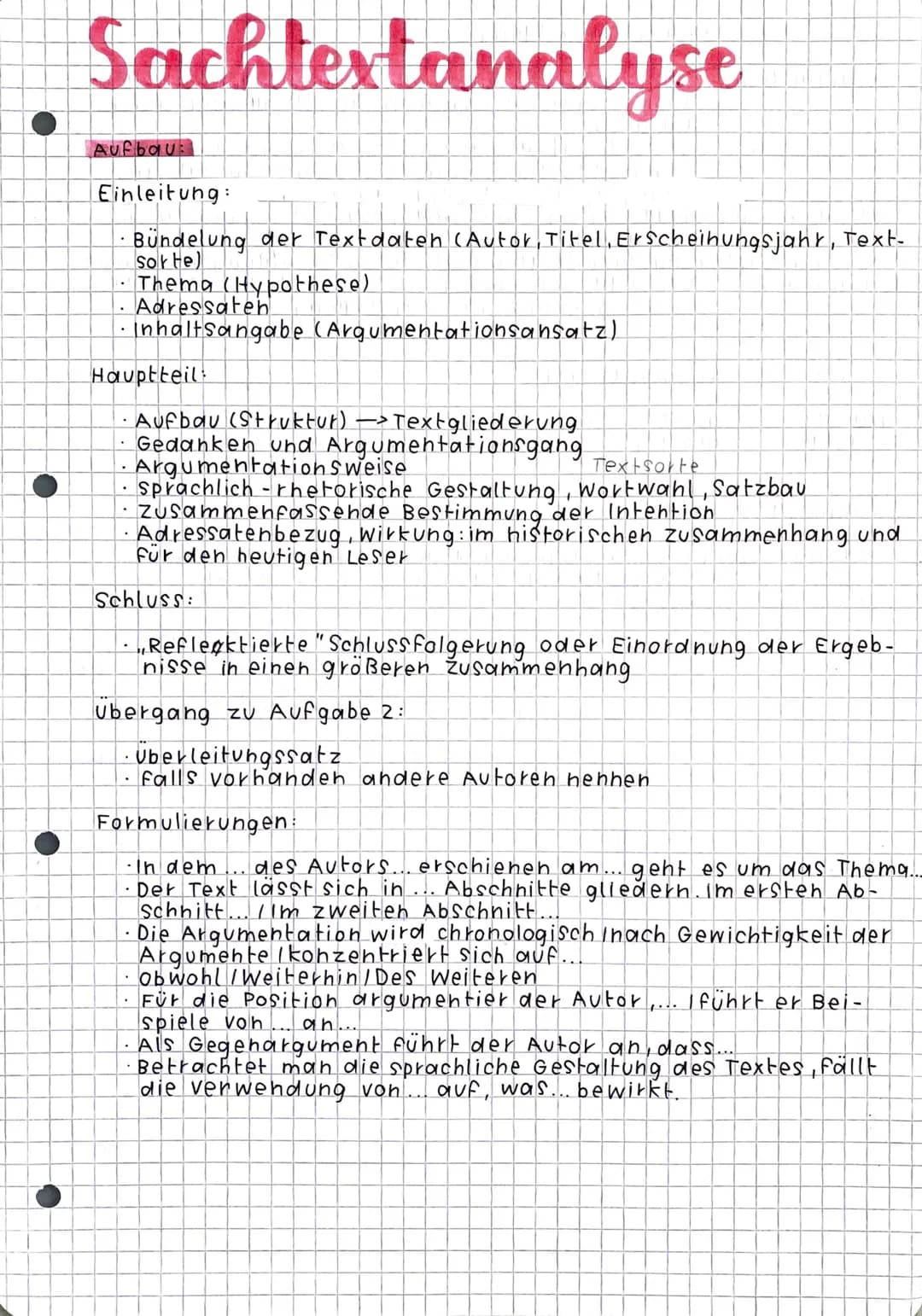 Sachtextanalyse
Aufbau:
Einleitung:
Bündelung der Textdaten (Autor, Titel, Erscheinungsjahr, Text-
Sorte)
Thema (Hypothese)
Adressaten
Inhal
