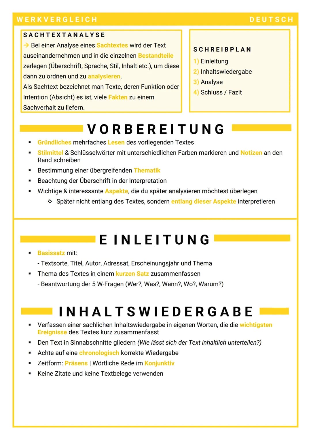 WERKVERGLEICH
SACHTEXTANALYSE
→ Bei einer Analyse eines Sachtextes wird der Text
auseinandernehmen und in die einzelnen Bestandteile
zerlege