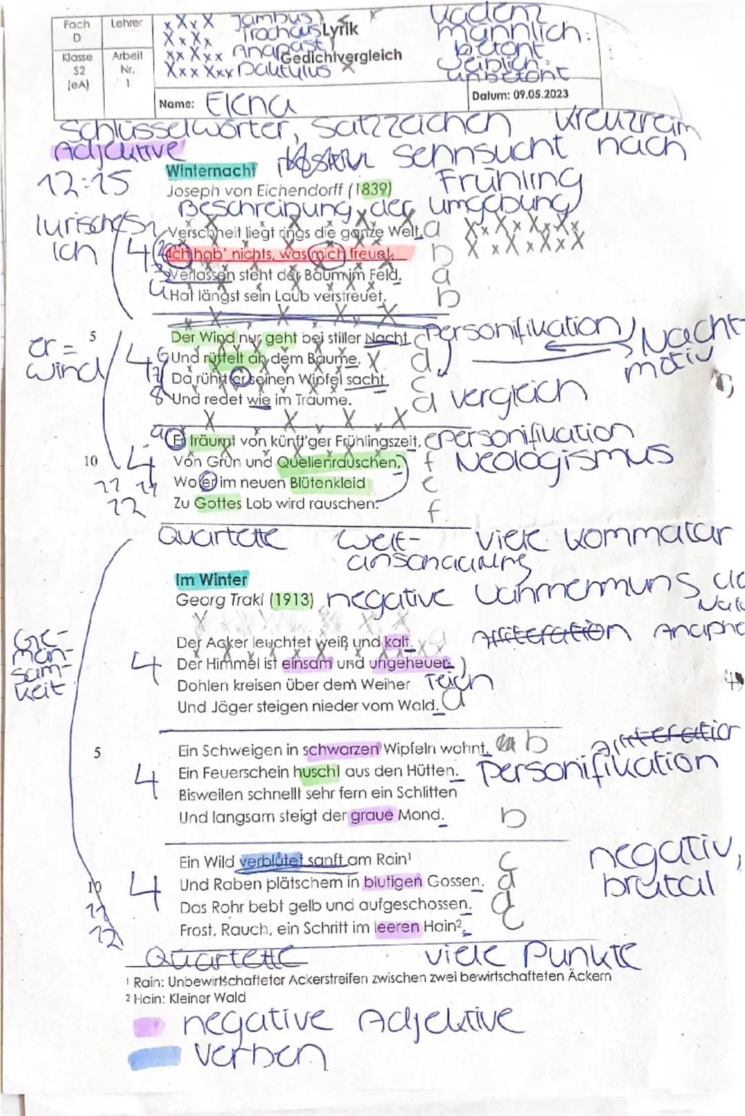 Ch Lehrer
$2$
Klasse Arbeit
Nr.
Lyrik
Gedichtvergleich
(eA)
1
Name: Elena
3
Datum: 09.05.2023
Aufgabenstellung:
1. Analysieren und interpret