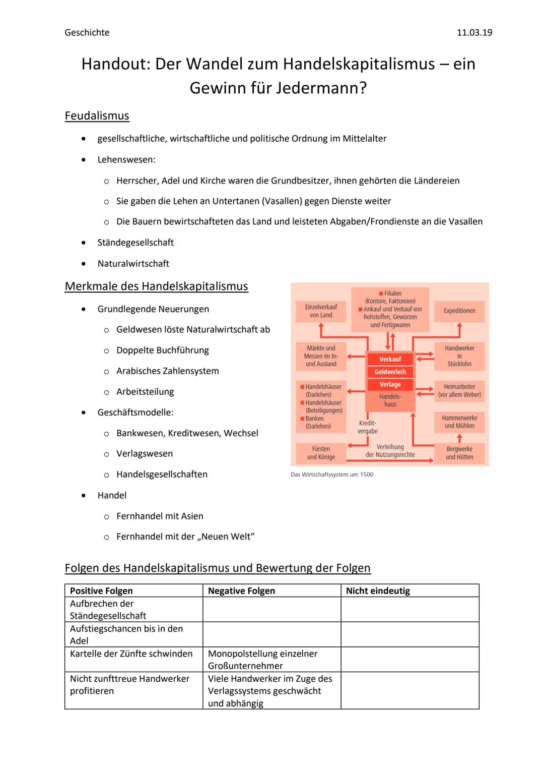 Geschichte
Handout: Der Wandel zum Handelskapitalismus - ein
Gewinn für Jedermann?
Feudalismus
●
gesellschaftliche, wirtschaftliche und poli