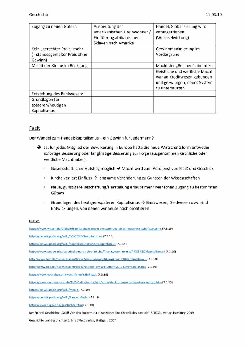 Geschichte
Handout: Der Wandel zum Handelskapitalismus - ein
Gewinn für Jedermann?
Feudalismus
●
gesellschaftliche, wirtschaftliche und poli