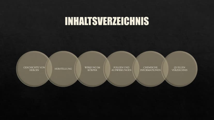 HEROIN
Eine Präsentation von Aylin GESCHICHTE VON
HEROIN
INHALTSVERZEICHNIS
HERSTELLUNG
WIRKUNG IM
KÖRPER
FOLGEN UND
AUSWIRKUNGEN
CHEMISCHE
