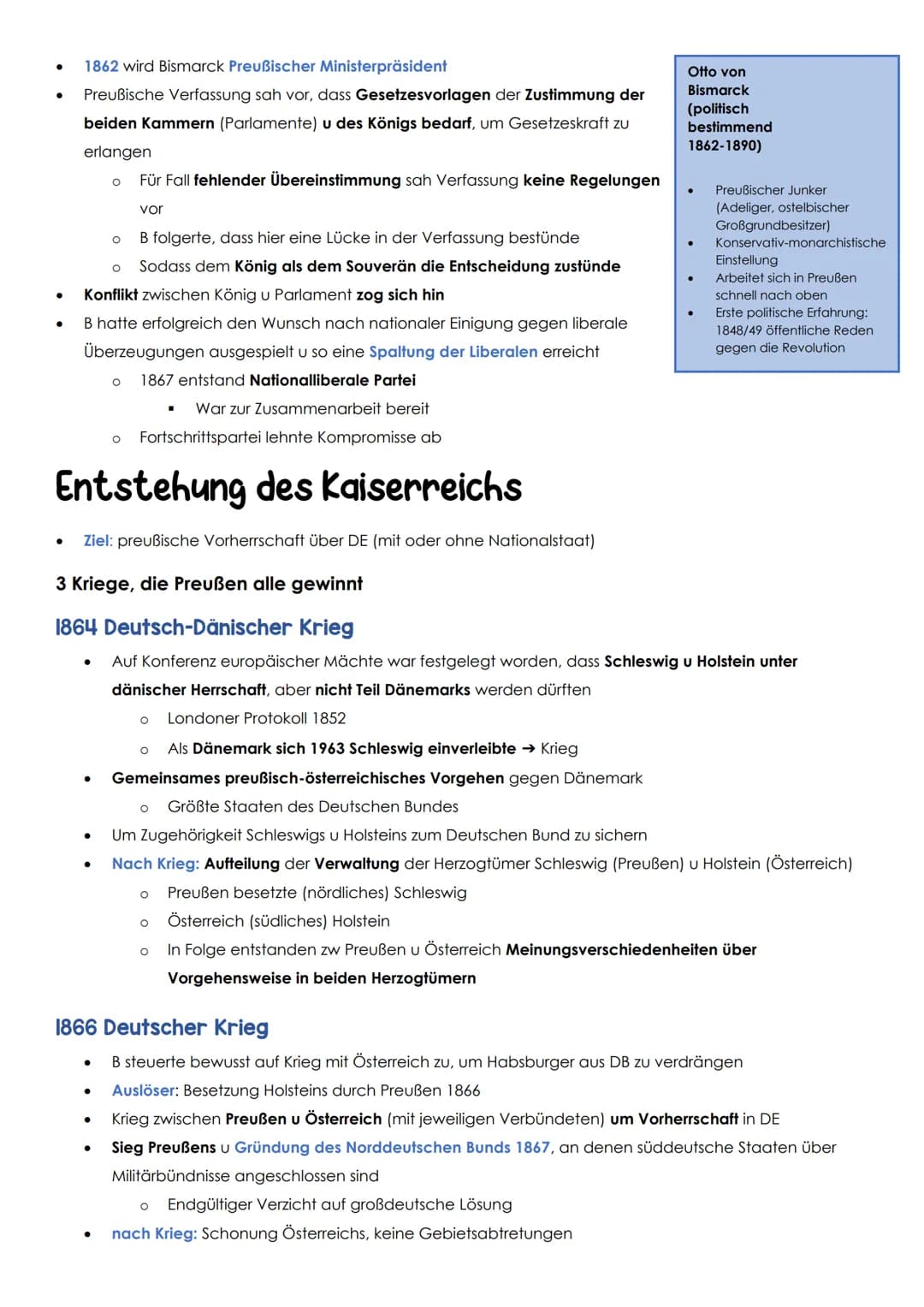 1864 Deutsch-
1862 BISMARCK wird preuß
Ministerpräsident
Dänischer Krieg
●
●
1866 Gründung des Nord-
deutschen Bundes
Kaiserreich
●
1866 Deu