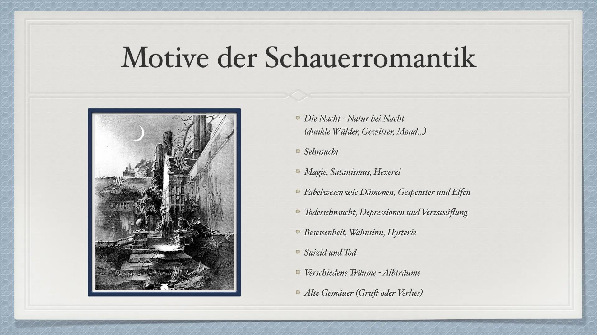 E.T.A. Hoffmann • Informationen
Das Leben von E.T.A. Hoffmann
◆ Bilder
Bekannte Werke
◆ Schauerromantik
Motive der Schauerromantik
• Nachwir