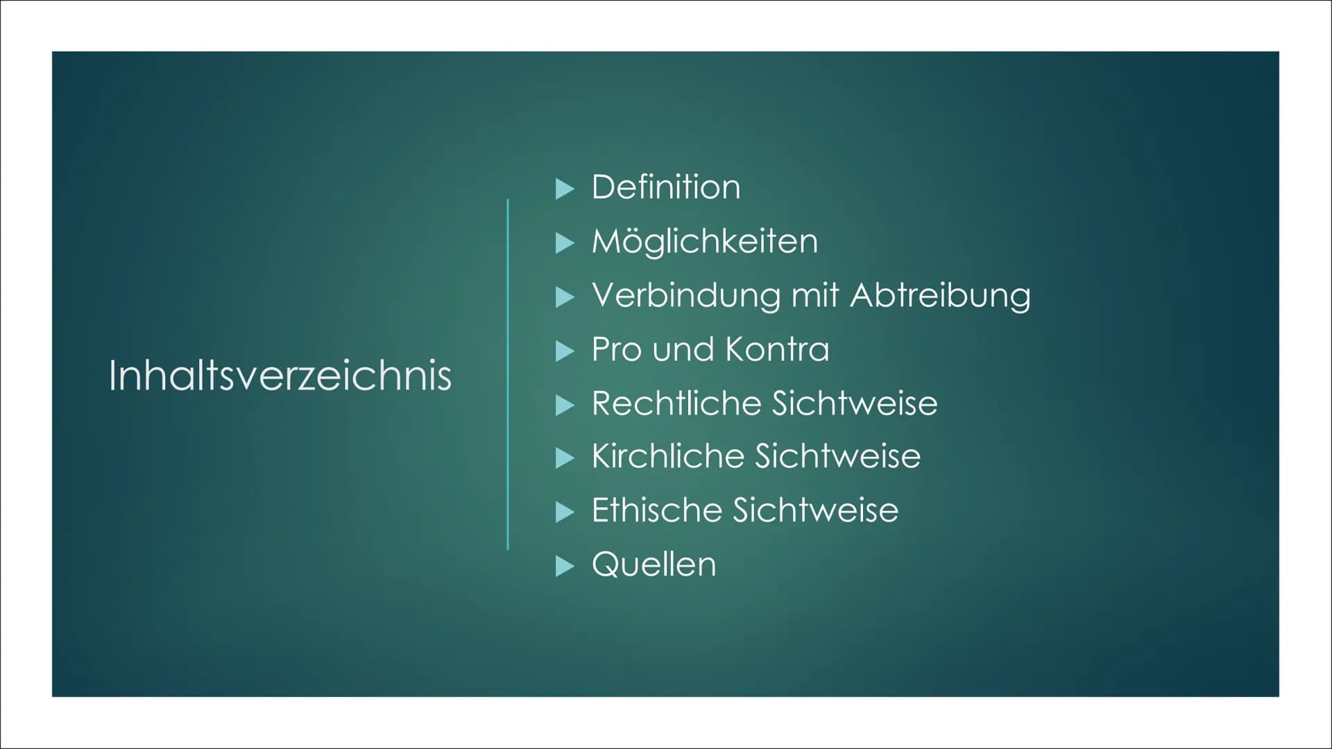 Pränataldiagnostik
VON LARA UND JANA Inhaltsverzeichnis
▶ Definition
► Möglichkeiten
► Verbindung mit Abtreibung
Pro und Kontra
Rechtliche S