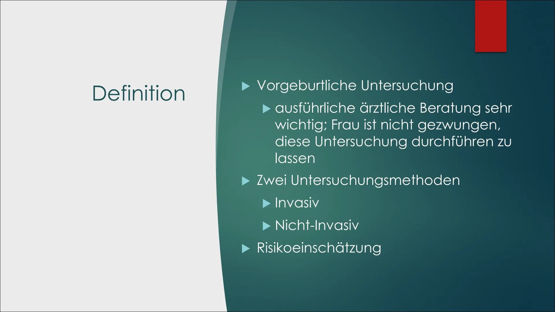 Pränataldiagnostik
VON LARA UND JANA Inhaltsverzeichnis
▶ Definition
► Möglichkeiten
► Verbindung mit Abtreibung
Pro und Kontra
Rechtliche S