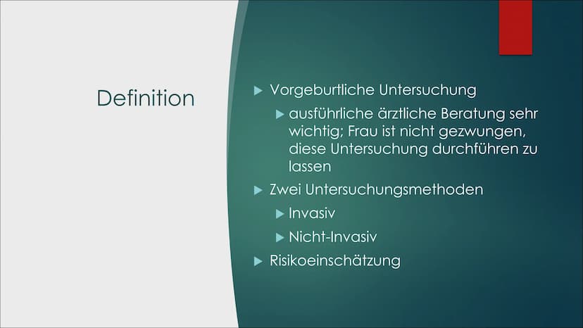 Pränataldiagnostik
VON LARA UND JANA Inhaltsverzeichnis
▶ Definition
► Möglichkeiten
► Verbindung mit Abtreibung
Pro und Kontra
Rechtliche S