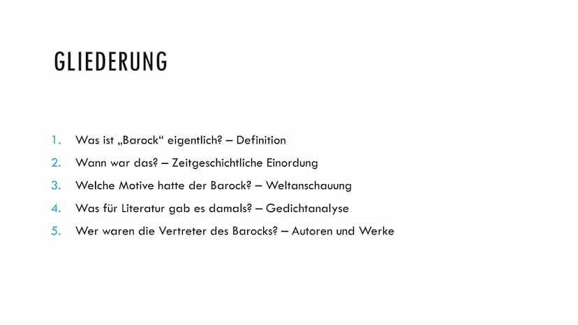 HEADER
DIE EPOCHEN DER LYRIK - BAROCK
Ein Vortrag von JH. und TM; 2020 GLIEDERUNG
1.
Was ist ,,Barock" eigentlich? Definition
2. Wann war da