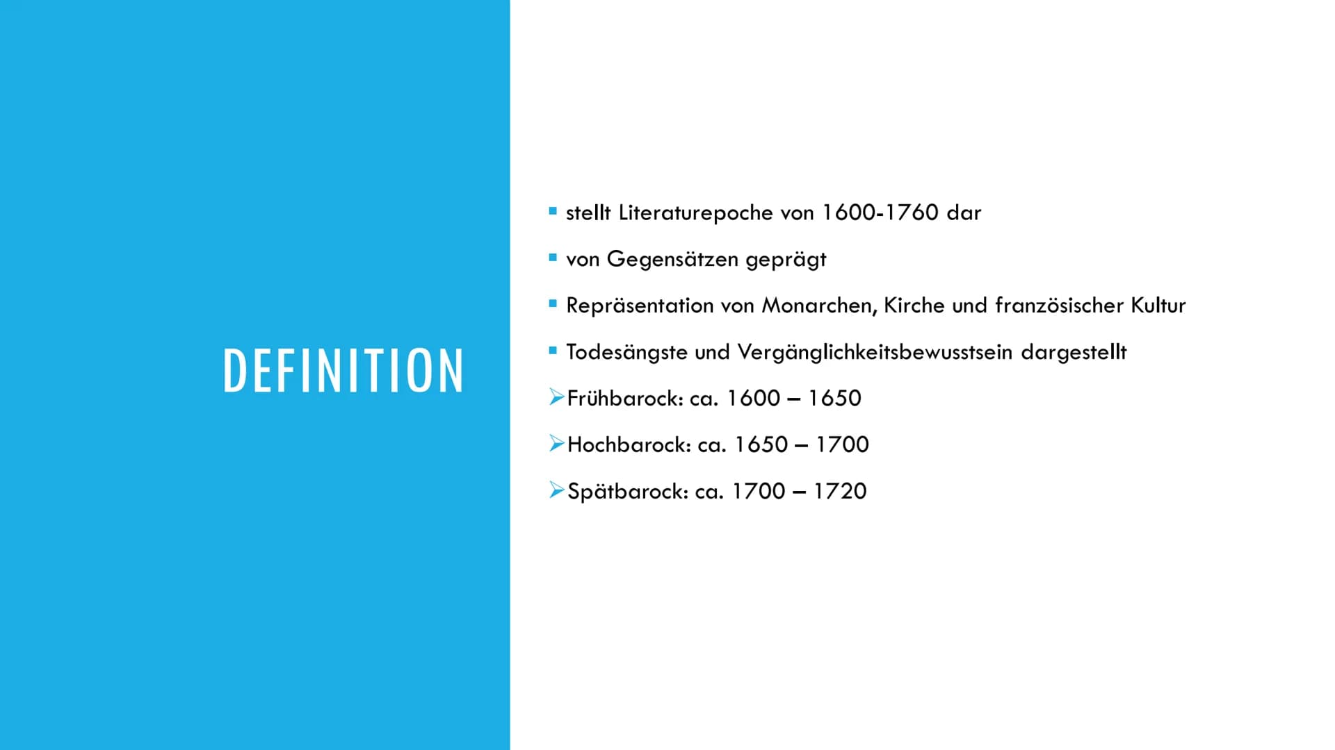 HEADER
DIE EPOCHEN DER LYRIK - BAROCK
Ein Vortrag von JH. und TM; 2020 GLIEDERUNG
1.
Was ist ,,Barock" eigentlich? Definition
2. Wann war da