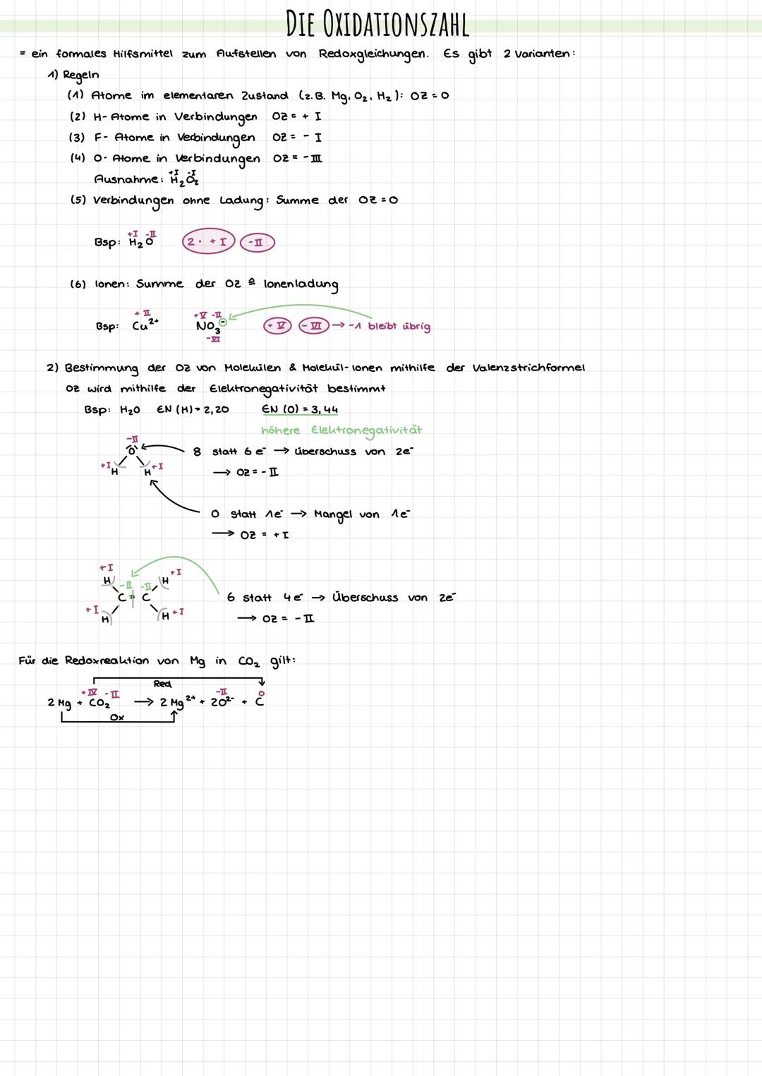 DIE OXIDATIONSZAHL
= ein formales Hilfsmittel zum Aufstellen von Redoxgleichungen. Es gibt 2 varianten:
1) Regeln
(1) Atome im elementaren Z