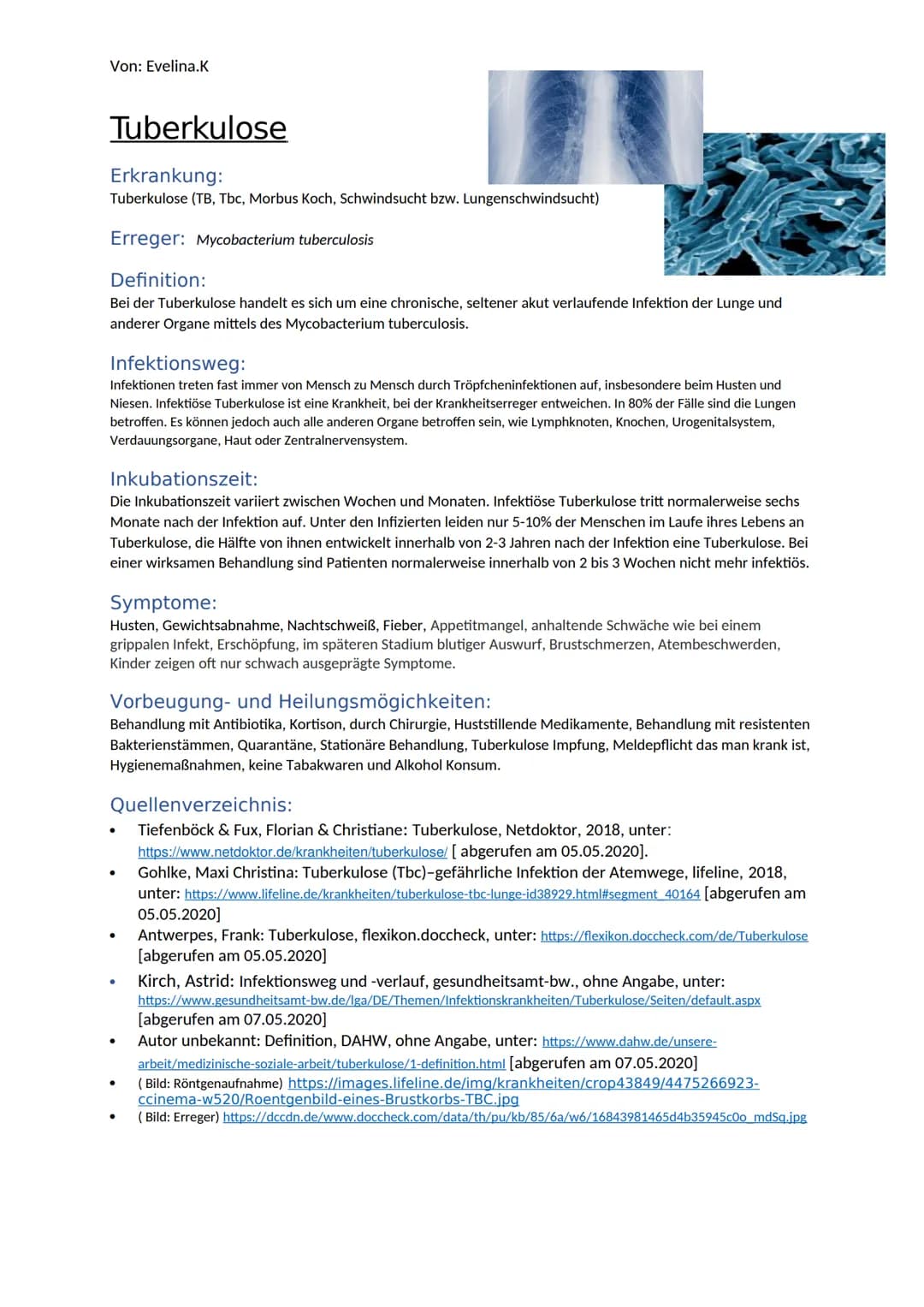 •
Tuberkulose
Erkrankung:
Tuberkulose (TB, Tbc, Morbus Koch, Schwindsucht bzw. Lungenschwindsucht)
Erreger:
Mycobacterium tuberculosis
Defin